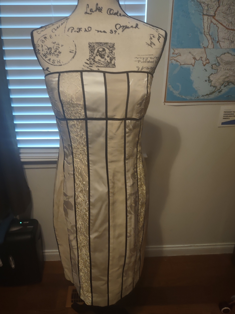 Kay Unger Strapless Cream Dress with Black Piping